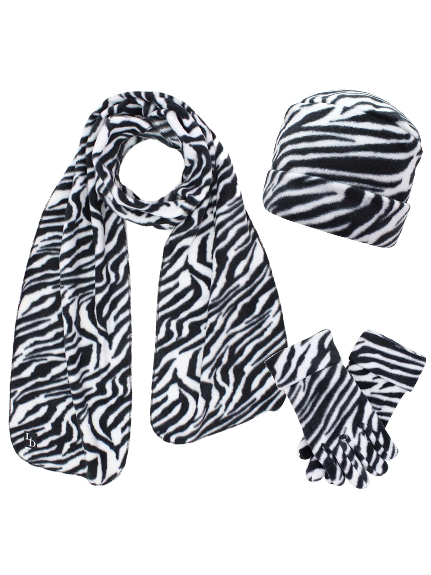 Black & White Zebra Print Fleece Hat Scarf & Matching Glove Set