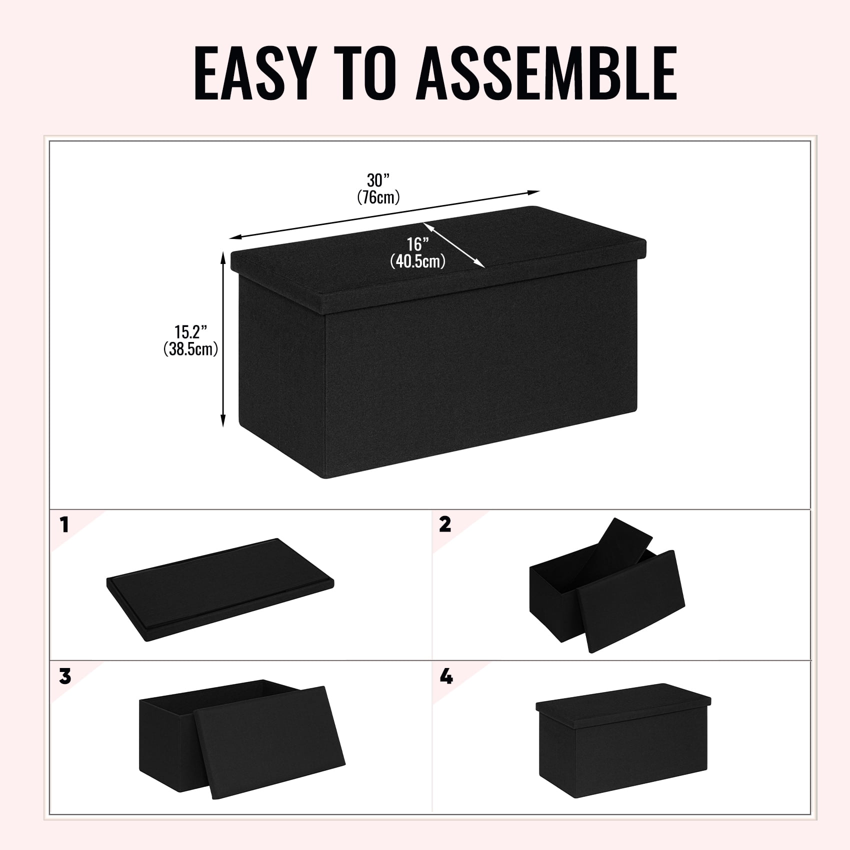 PINPLUS 30 " Ottoman with Storage Bench, Folable Ottoman Coffee Table with Tray, Foot Rest, Toy Chest Box for Living Room, Bedroom, Linen Fabric, Black