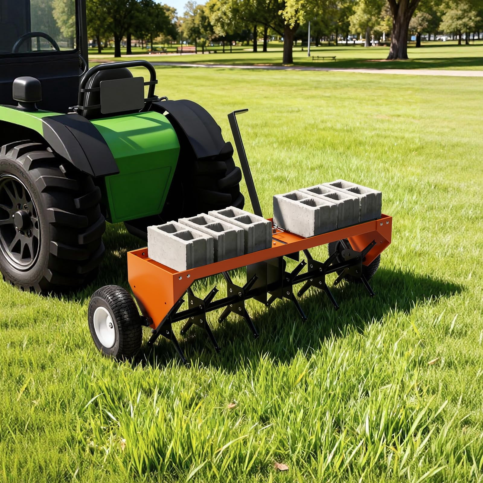 GARVEE 40-Inch Tow Behind Plug Aerator for Lawn Tractor ATV,Heavy Duty Lawn Soil Core Aerator w/ 24 Steel Coring Tines,150 Lb Weight Tray,Universal Hitch,Inflatable Wheels,Orange