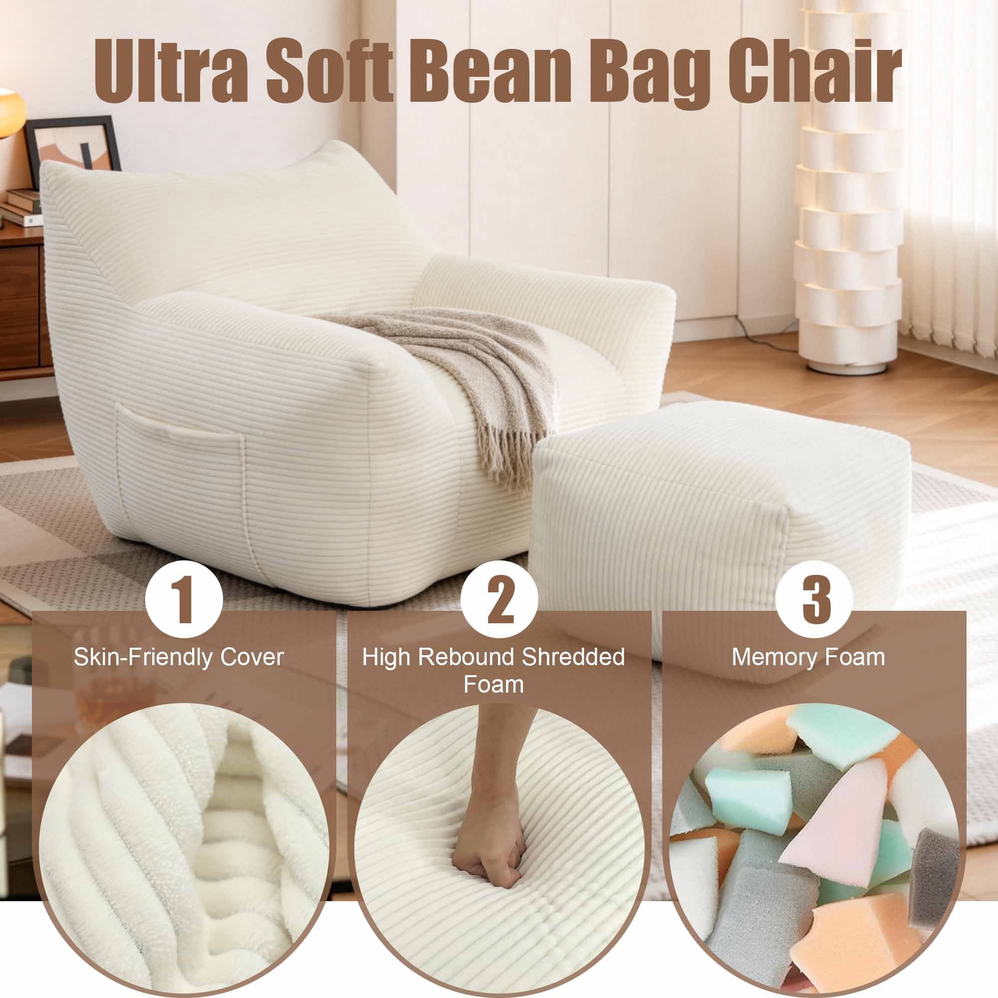 Lunale Oversized Bean Bag Chair with Ottoman, Boneless Lazy Sofa Chair for Bedroom, Living Room, Beige Corduroy