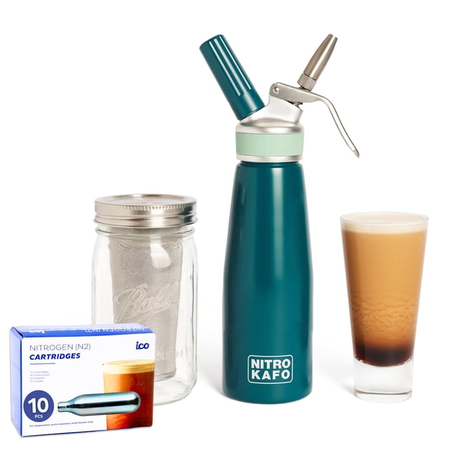 NITRO KAFO Cafetera Nitro de 1 L, Cafetera Nitro de Aluminio con Boquilla Difusora de Nitro Especial y Cafetera en Frío para Hacer Nitro Cold Brew, 1 Cuarto/1 L, Incluye (10) Cartuchos Nitro