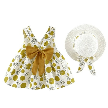 

adviicd Baptism Dresses for Baby Girls Toddler Baby Dot Print Hat Princess Kids Girl Dresses Strap Dressed for Girls
