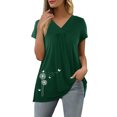 thumbnail image 6 of QLEICOM Womens Summer Tops Oversized T-shirts Short Sleeve Print V-Neck Pleated Casual Loose Tunic Tank Tops Women Shirts Blouses Green L, 6 of 8