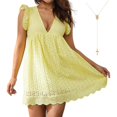 thumbnail image 1 of Oversized Women's V-Neck California Romper Dress, Summer Short Sleeve, Ruffle Detail with Pockets, Solid Color, 1 of 7