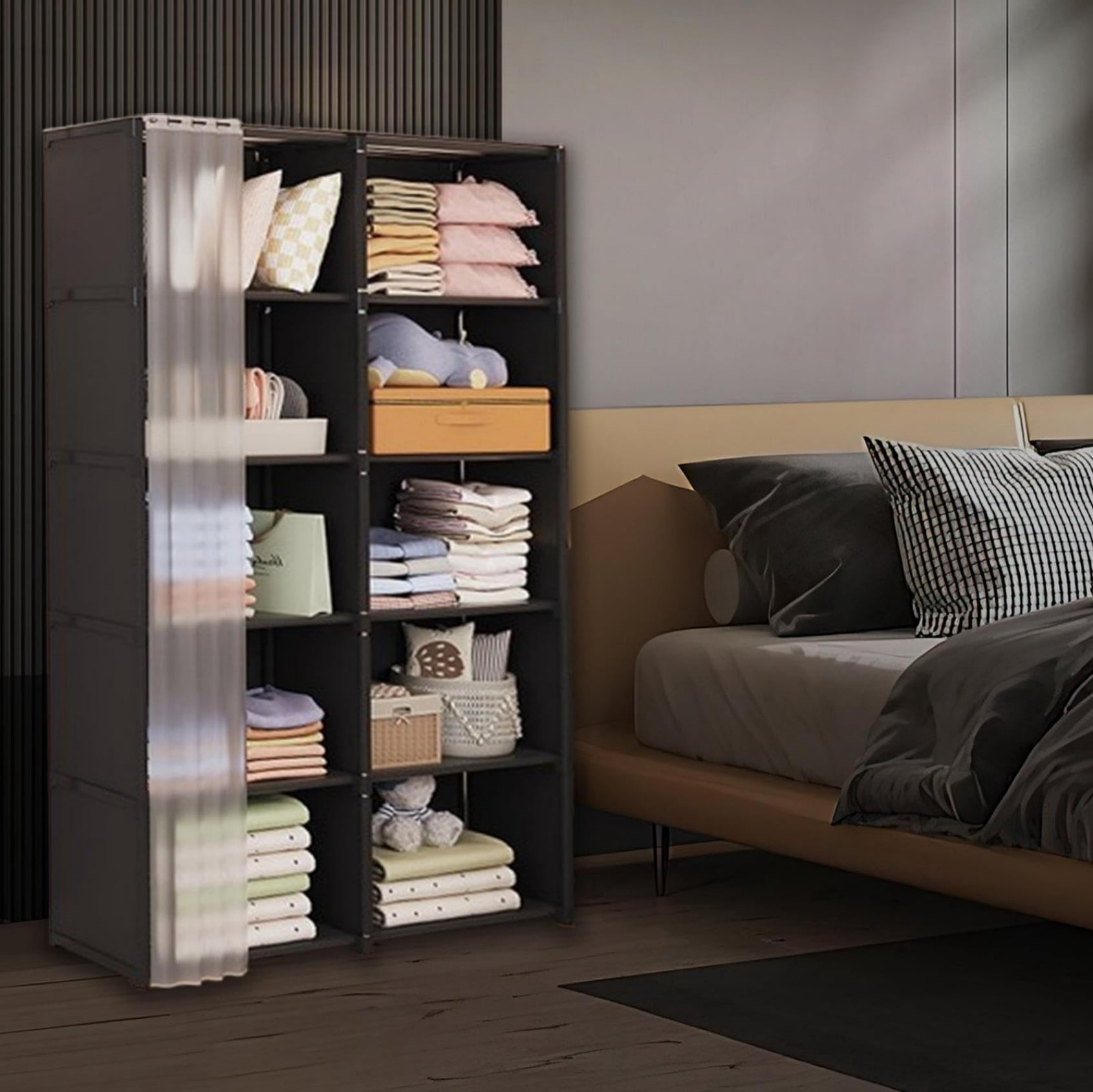 5 Tier Freestanding Bookcase with Curtain, 10 Grid Open Bookshelf Storage Organizer, Tall Display Shelf for Bedroom Living Room Office, Black