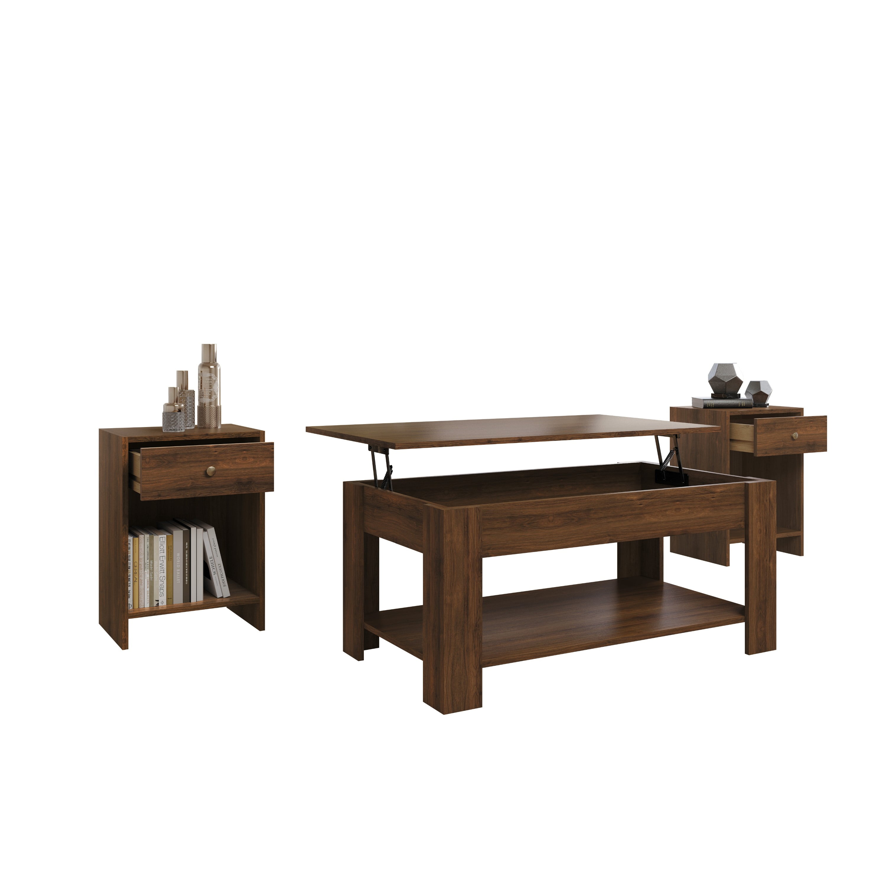 Home Design Magnolia 3-Piece Coffee Table Set with Lift-Top Coffee Table and 2 End Tables, Hidden Storage, Modern Living Room, Brown