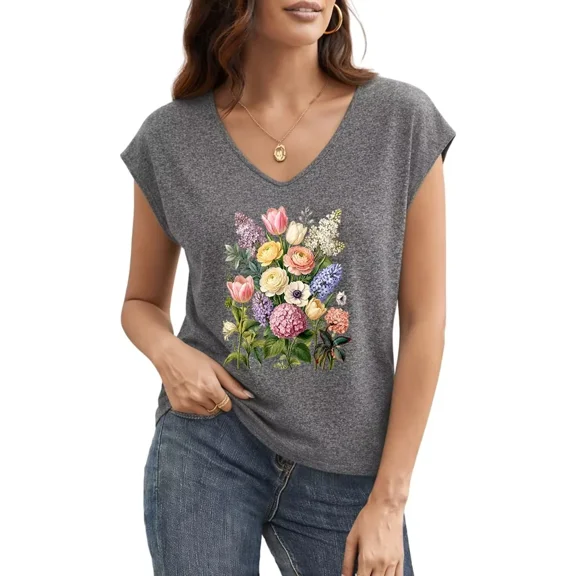 UNISHE Womens Bouquet Botanical Print T Shirt Wildflower Garden Graphic Tees Sleeveless V Neck Casual Tank Top Dark Grey, S