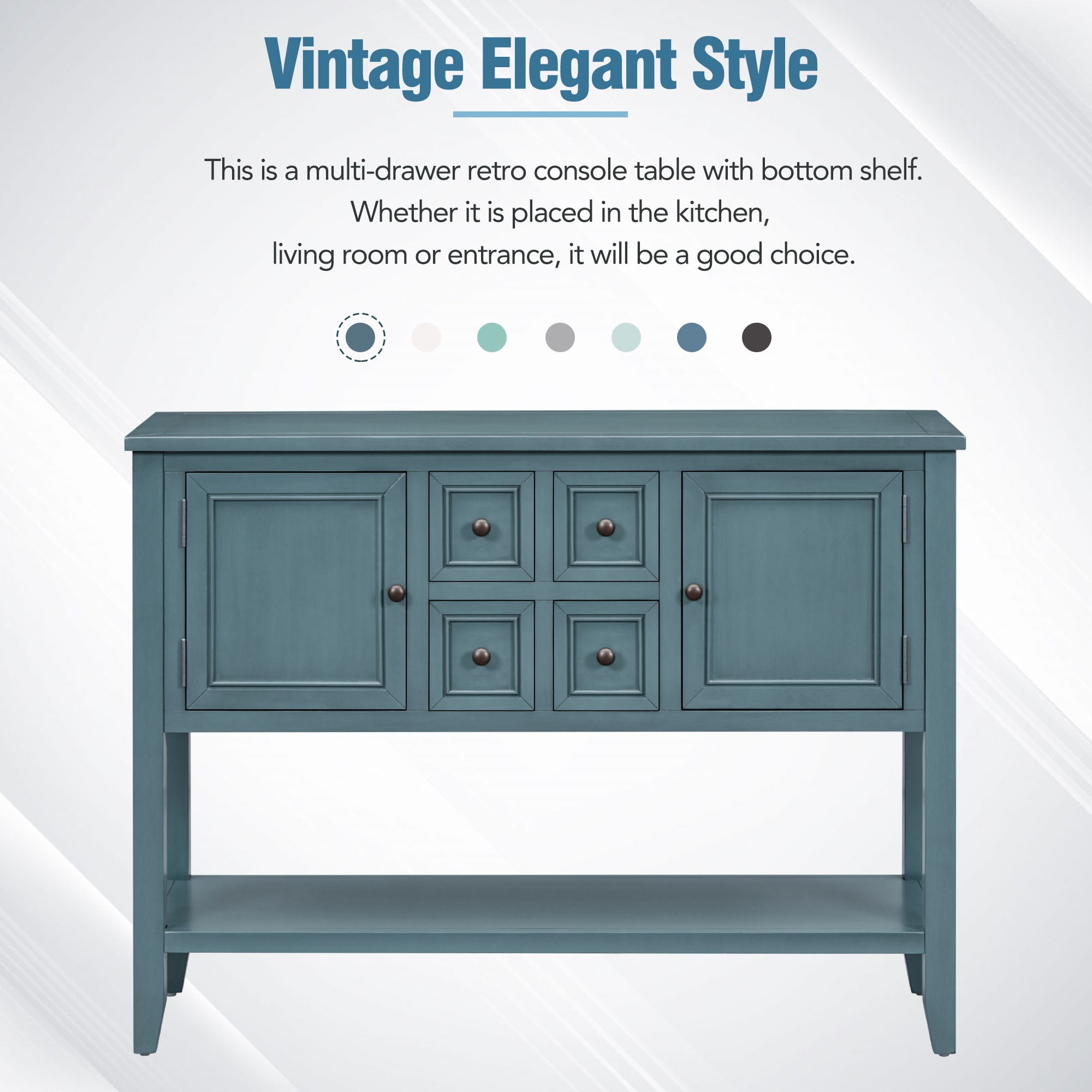 EUROCO 44.5" Console Table Sofa Table, Solid Wood Entryway Table with 4 Small Drawers, 2 cabinets and Bottom Shelf for Living Rooms, Entrances and Kitchens, Dark Blue