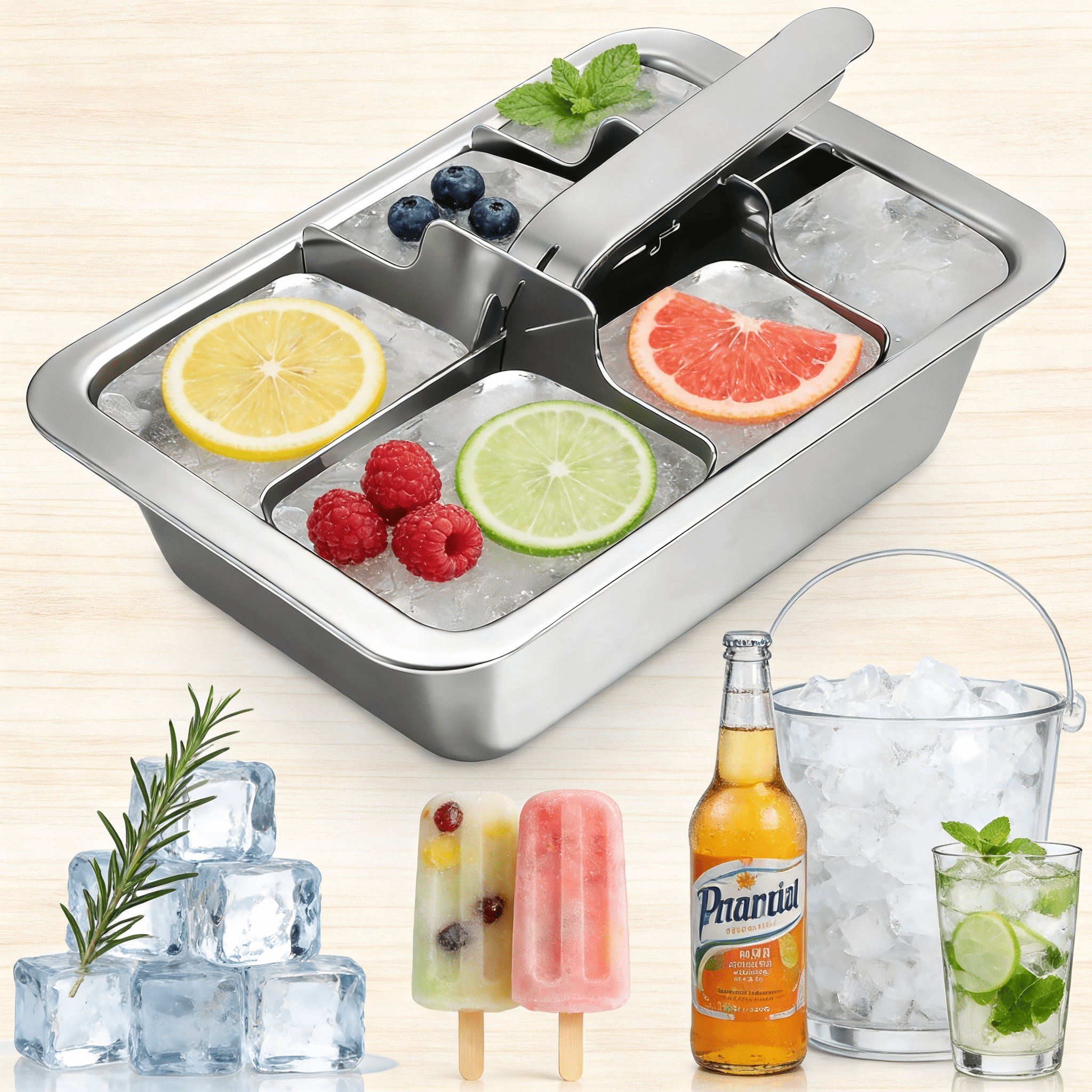 Stainless Steel Large Ice Cube Tray 6 Cube, Lever Type Easy Demold, Dishwasher Safe Kitchen Bar Accessory