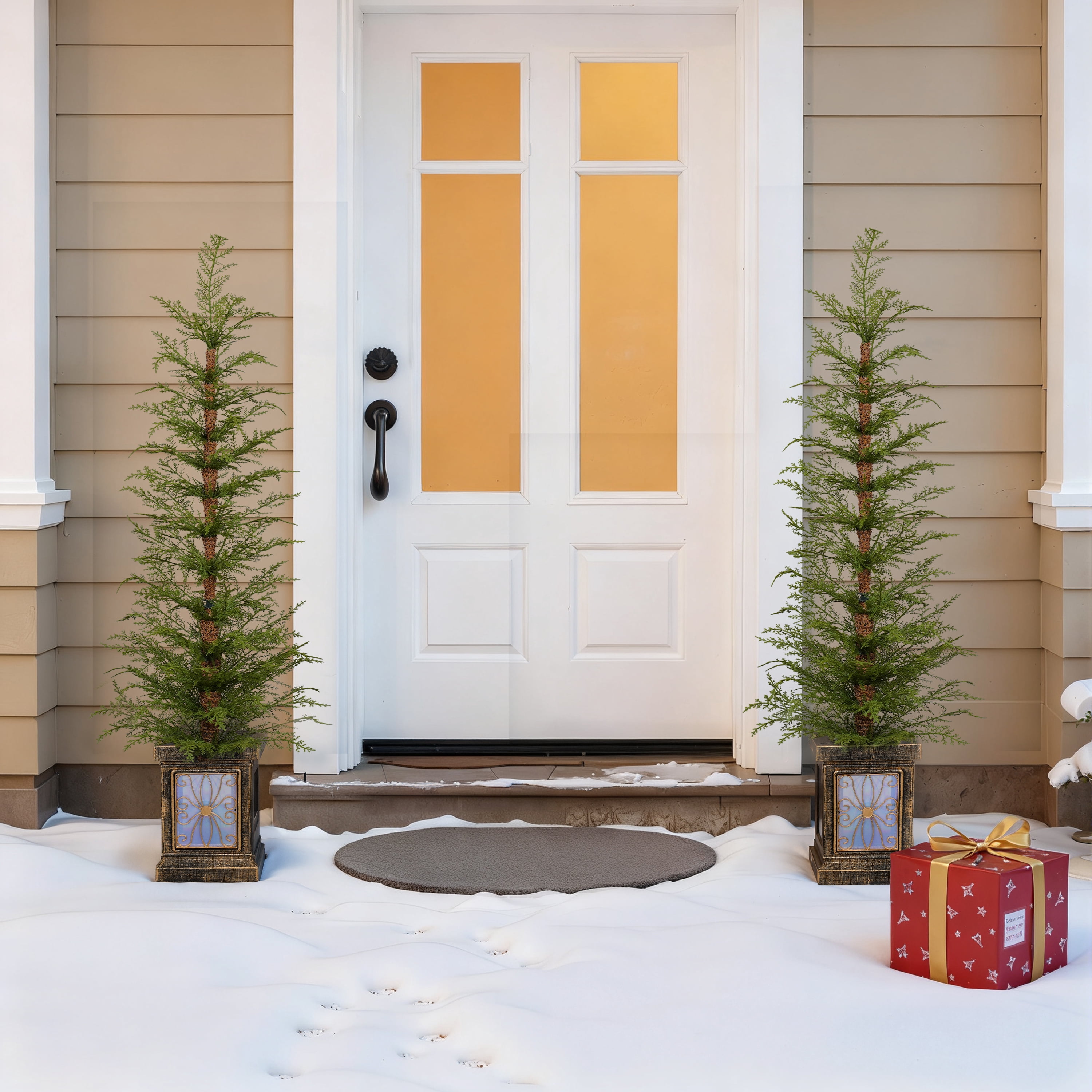Set of 2 4ft Prelit PE Christmas Trees with Gold Pots Tabletop Mantel Doorway Holiday Decor