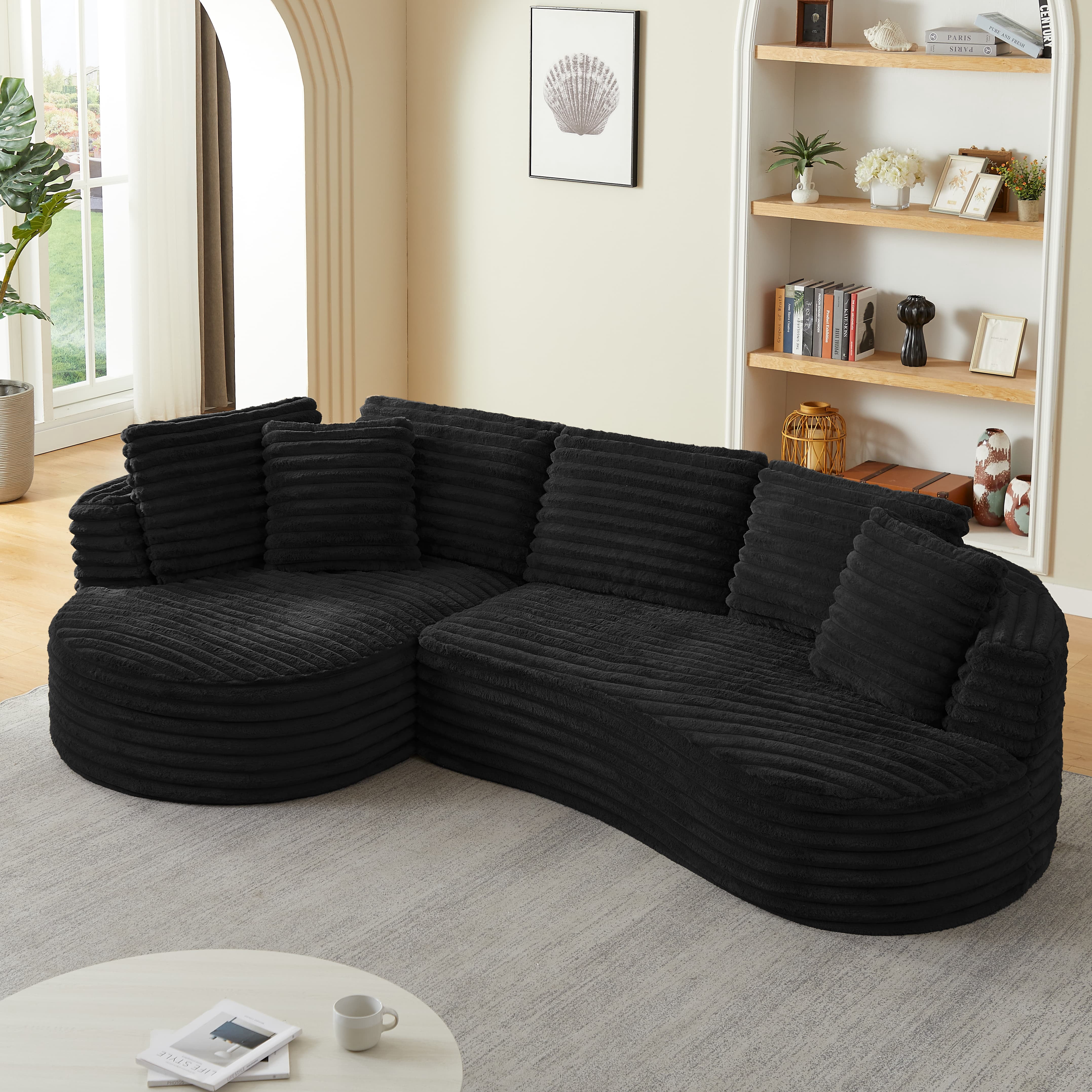 MAYEERTY 120.9" Black Corduroy Curved L Modular Sectional Sofa, Pocket Spring No Assembly Couch for Living Room Reception