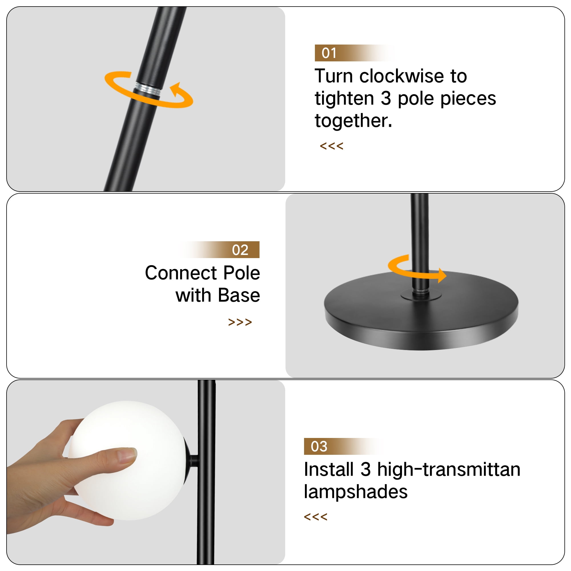 OUTON 71" Globe Floor Lamp for Living Room Clearance, Modern 3 light Standing Lamp with 3 Colors Temperatures, Dimmable Tall Lamp for Bedroom Office, Bulbs Included, Black