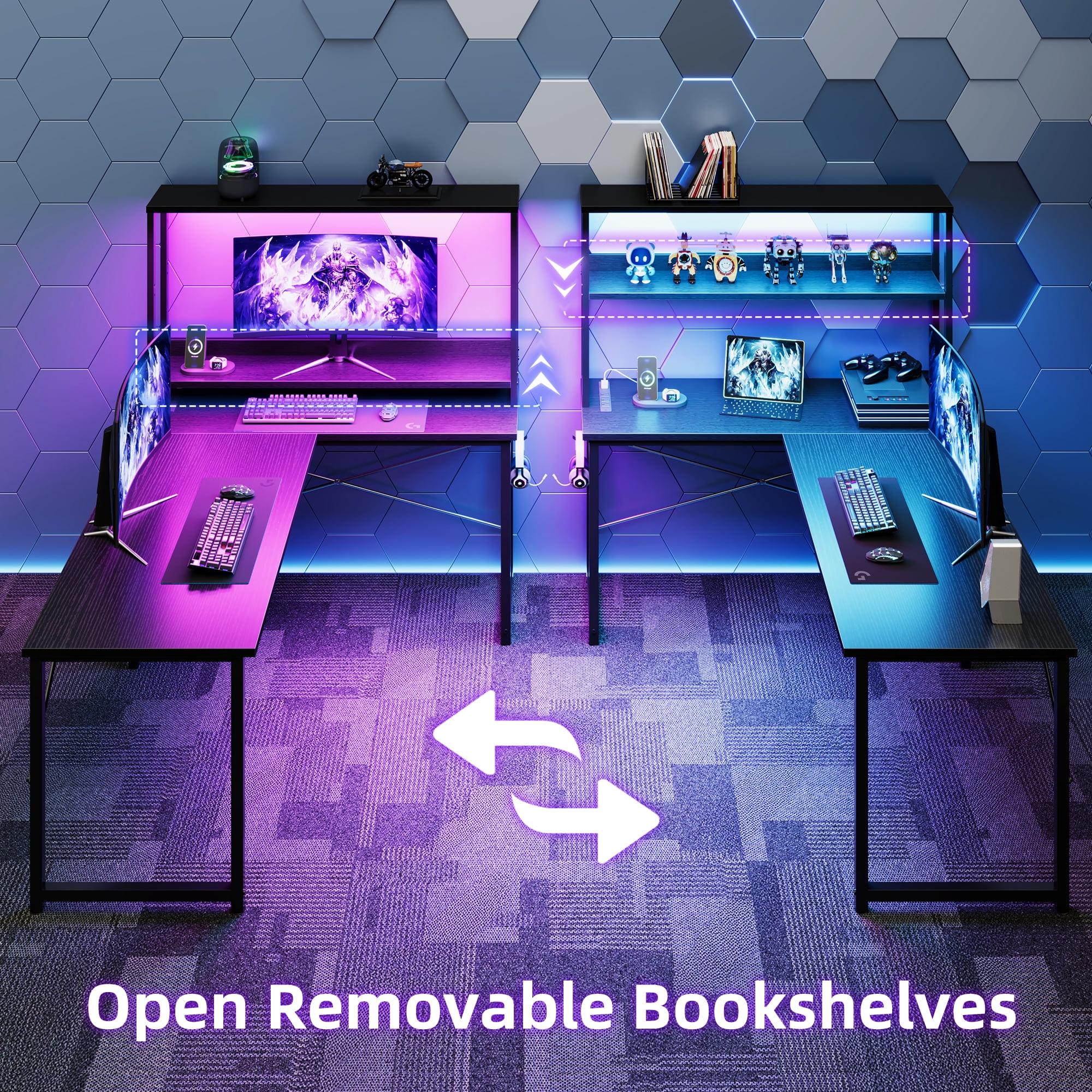 43 Inch L-Shaped Office Desk with Power Outlets, Gaming Desk with LED Lights for Home Office, Corner Computer Desk with Hutch, Black
