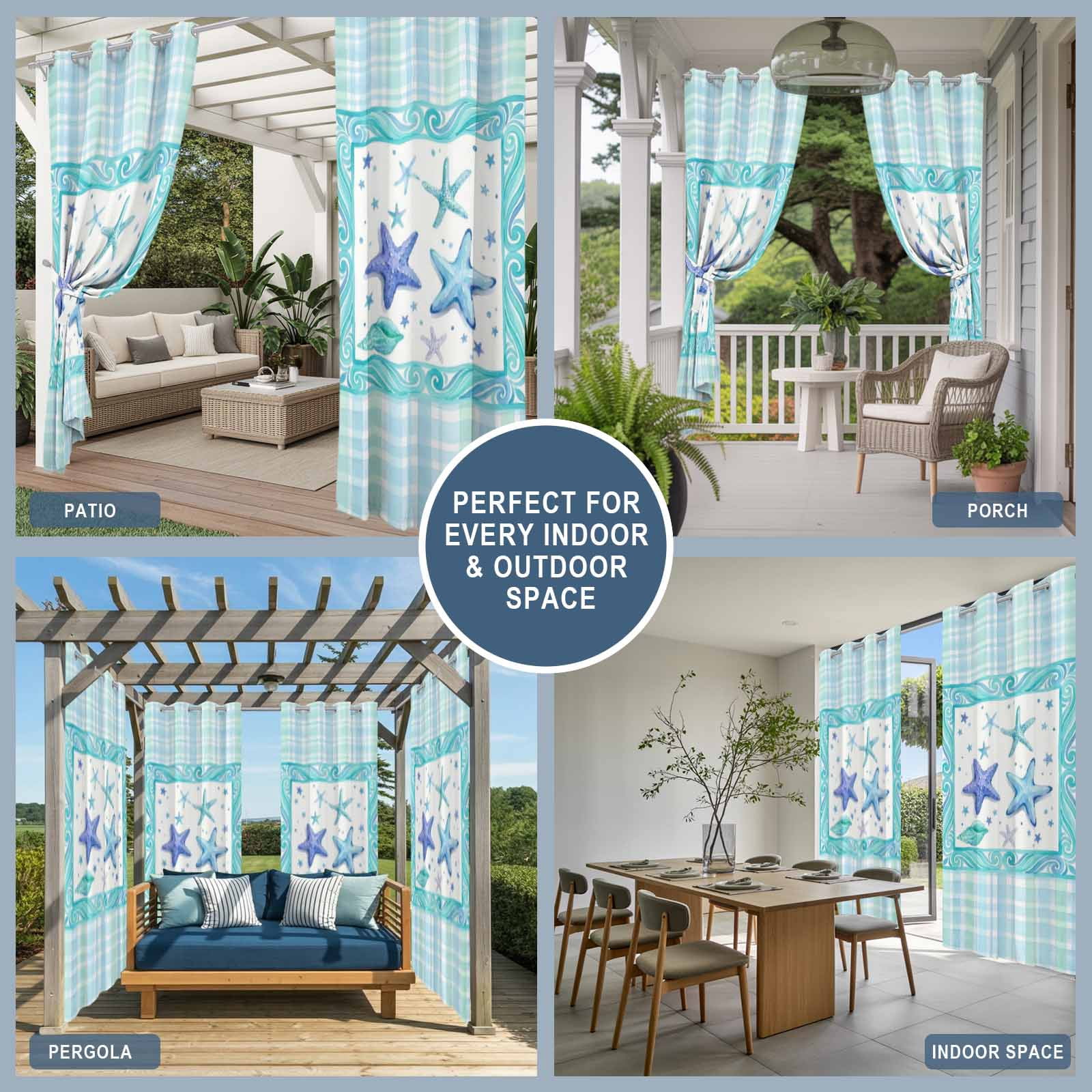 Summer Marine Life Outdoor Curtains for Patio, Watercolor Starfish Green Blue Border Plaid Sunshade Privacy Drapes Grommet Waterproof Outside Curtains for Porch/Cabana/Balcony 54"x 108", 1 Panel