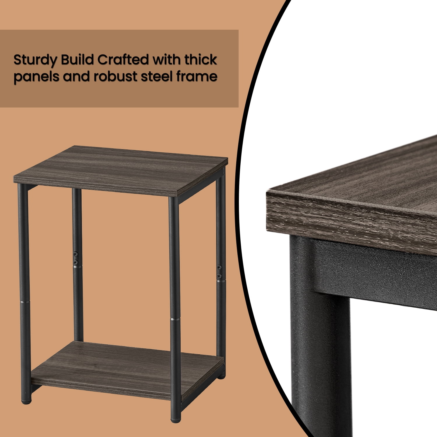 LEDREM Industrial 2-Pack Accent End Tables, Sturdy Steel Frame & Particleboard, Easy assembly, Adjustable Feet Slim Side Table, Brown & Black
