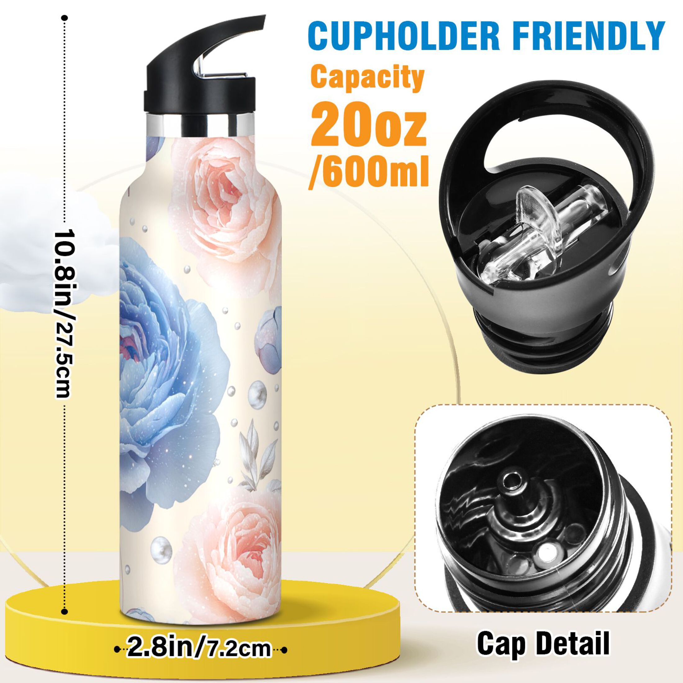 Kids Insulated Stainless Steel Sports Water Bottle 600ml (20oz) Glittering Peonies