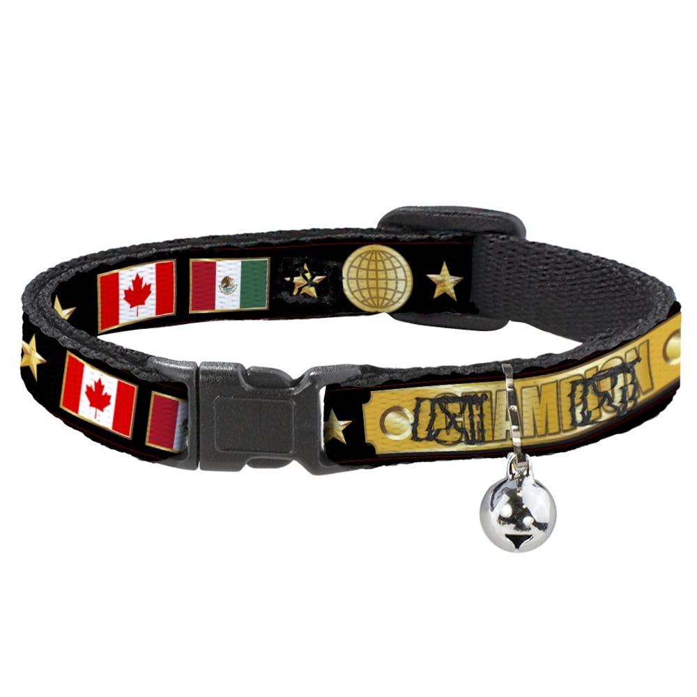Buckle-Down Breakaway Cat Collar With Bell, Plastic Clip, Easy Adjustable, Champion Belt Flags Stars Black Golds, 8.5 to 12 Inches 0.5 Inch Wide