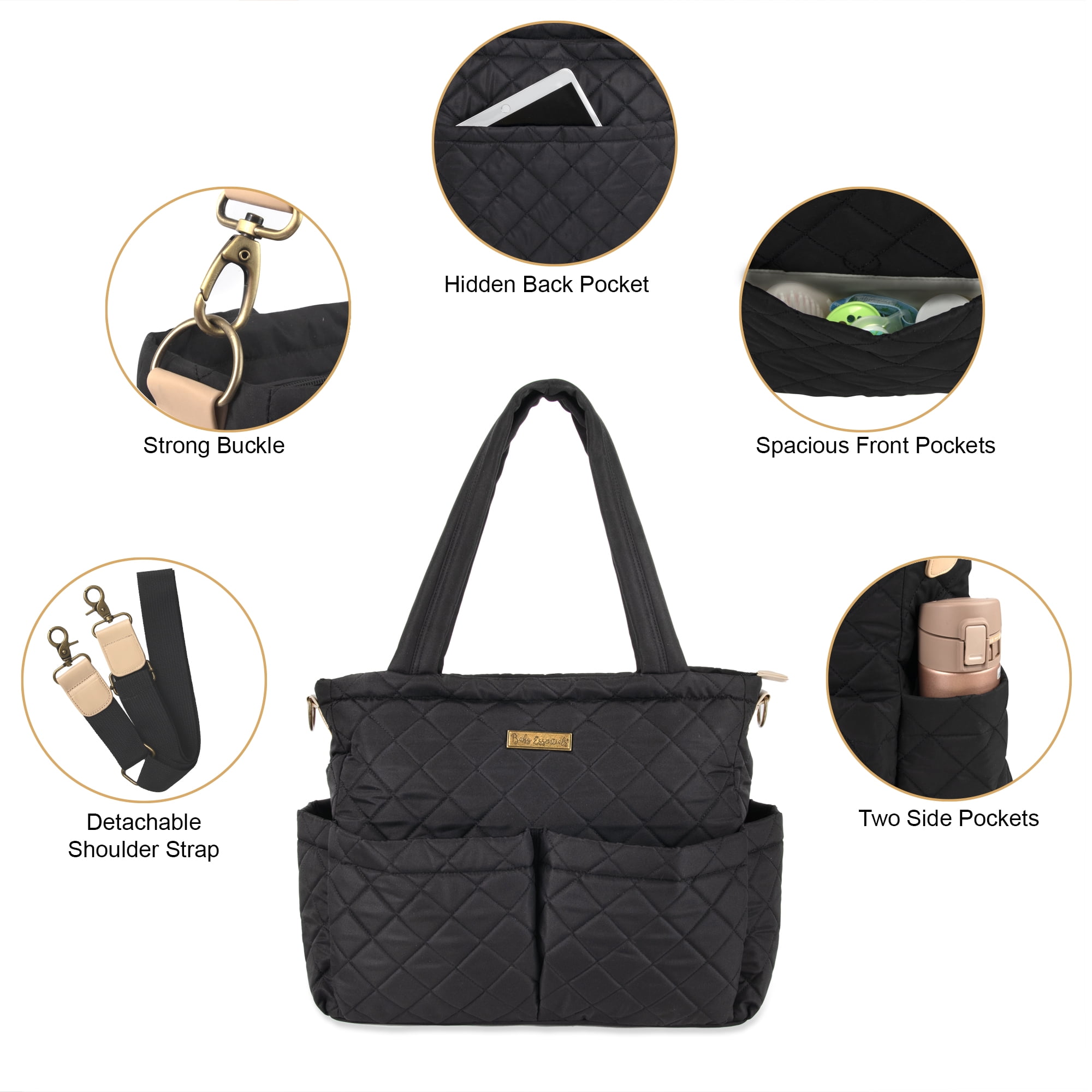 Baby Essentials 3 Piece Multi-Pocket Quilted Diaper Bag Tote with Removable Luggage Strap and Matching Changing Pad in Black