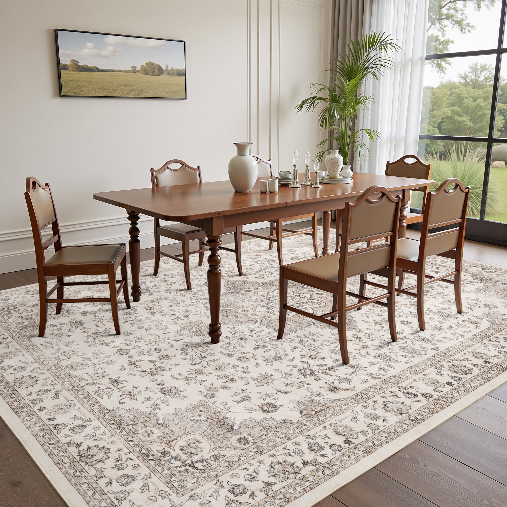 SIXHOME 9x12 Feet Washable Non-Slip Area Rug - Traditional Distressed Vintage Brown Rug with Retro Floral Design, Ultra-Soft Indoor Large Carpet for Living Room, Bedroom, Dining Room