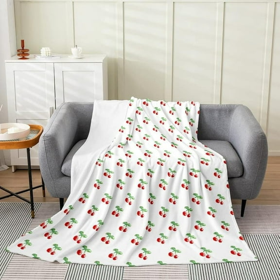 Cherry Flannel Fleece Throw Blanket, Cute Cherry All Season Bed Blanket Fresh Fruit Fuzzy Blanket for Boys Girls Women Men, Cartoon Cherry Bedroom Decor Plush Blanket Queen 50"x60"