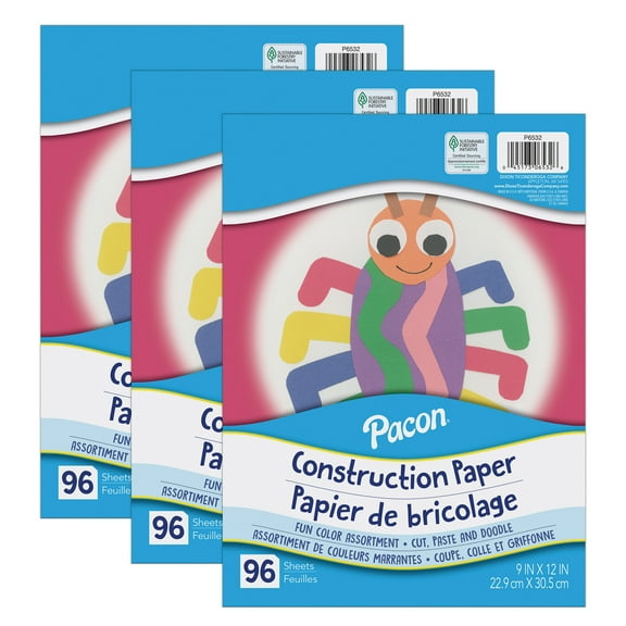Pacon Construction Paper, Lightweight, Assorted Colors, 9" x 12", 96 Sheets Per Pack, 3 Packs