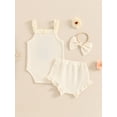 thumbnail image 4 of SUNSIOM Newborn Girl Summer Outfits Waffle Flower Embroidered Sleeveless Romper Ruffles Shorts Headband Set, 4 of 7