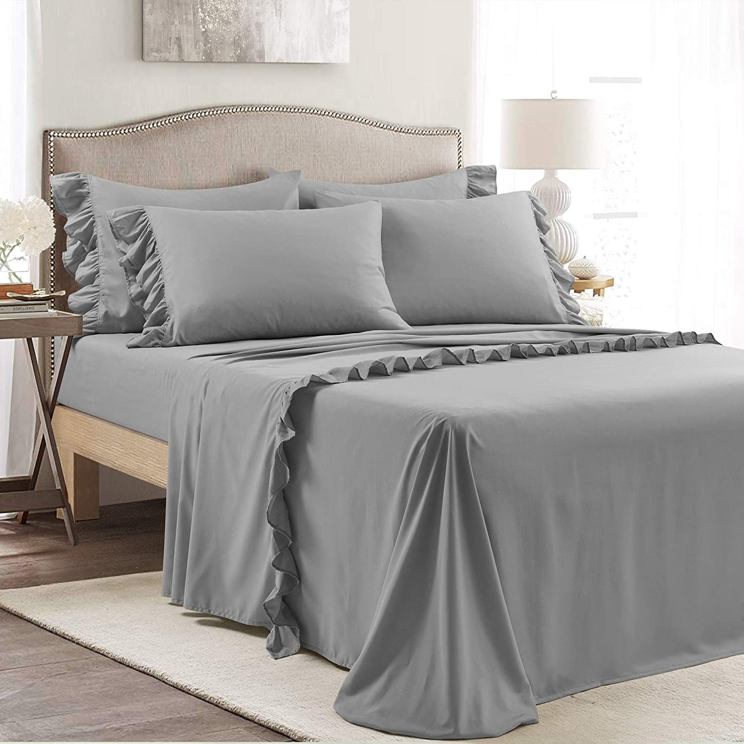 Ruffle Bed Sheet Set 6 Piece - 15 Inch Deep Pocket - 100% Pure Bamboo Bed Sheet Set - Anti Static Feels Like Silk - Super Comfy, Extra Soft and Luxury - Dark Gray Solid, King Size.