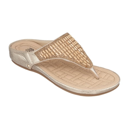 

GC Shoes Womens Comfort Flat Wedge Sandals Comfortable Slip On Rhinestone Thong Platform Sandal Flats Jamm/Gold/8