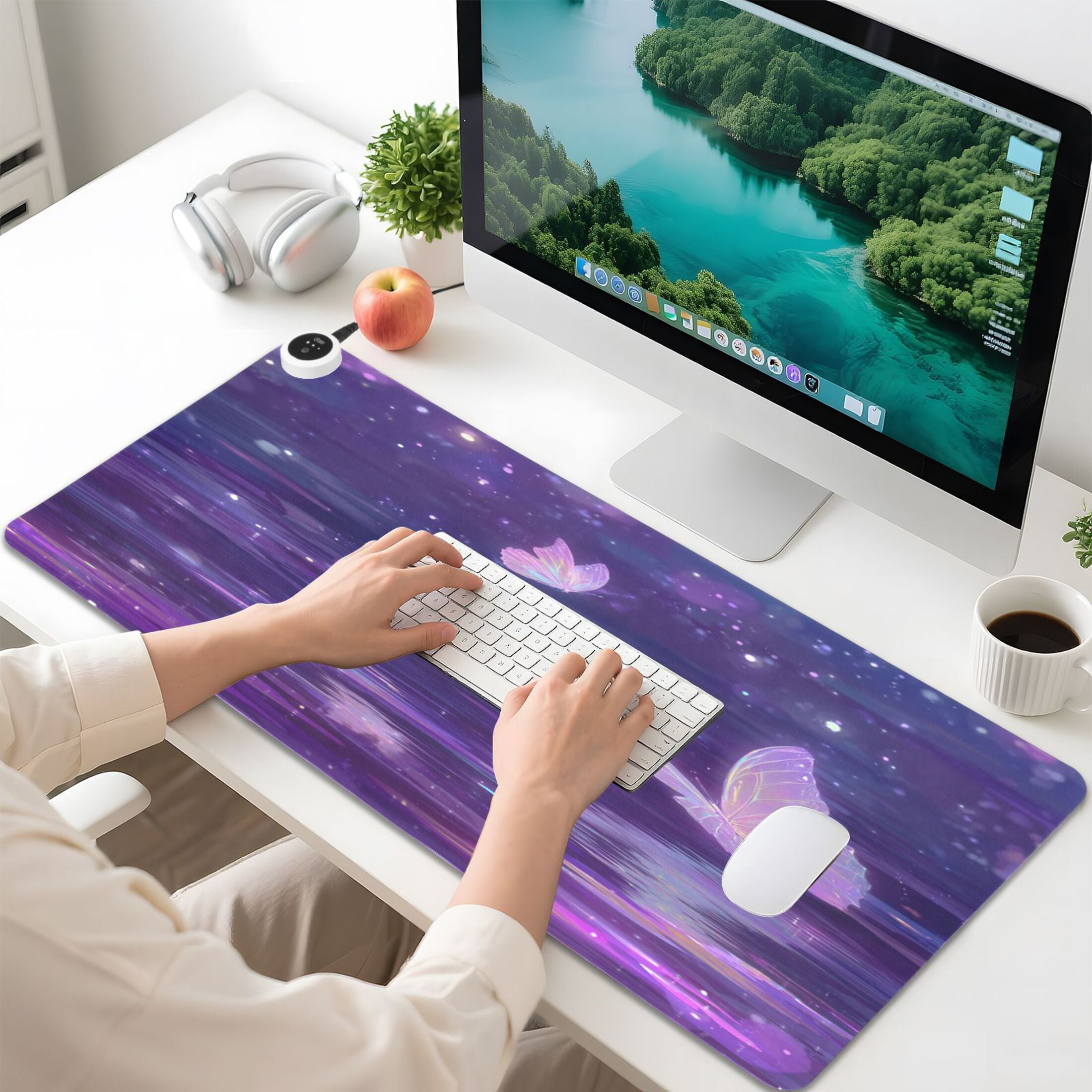 Large Heated Desk Mat Mouse Pad 31.5"x13"PU Leather Graphene Heating Desk Warmer with 3 Temperature Settings 110V US Plug Non-Slip Warm Pad for Home, Office, and Gaming Crystal Pink Butterfly Pattern