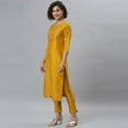 thumbnail image 4 of Janasya Indian Round Neck 3/4 Sleeve Solid Mustard Poly Silk Kurta With Pant For Women, 4 of 8