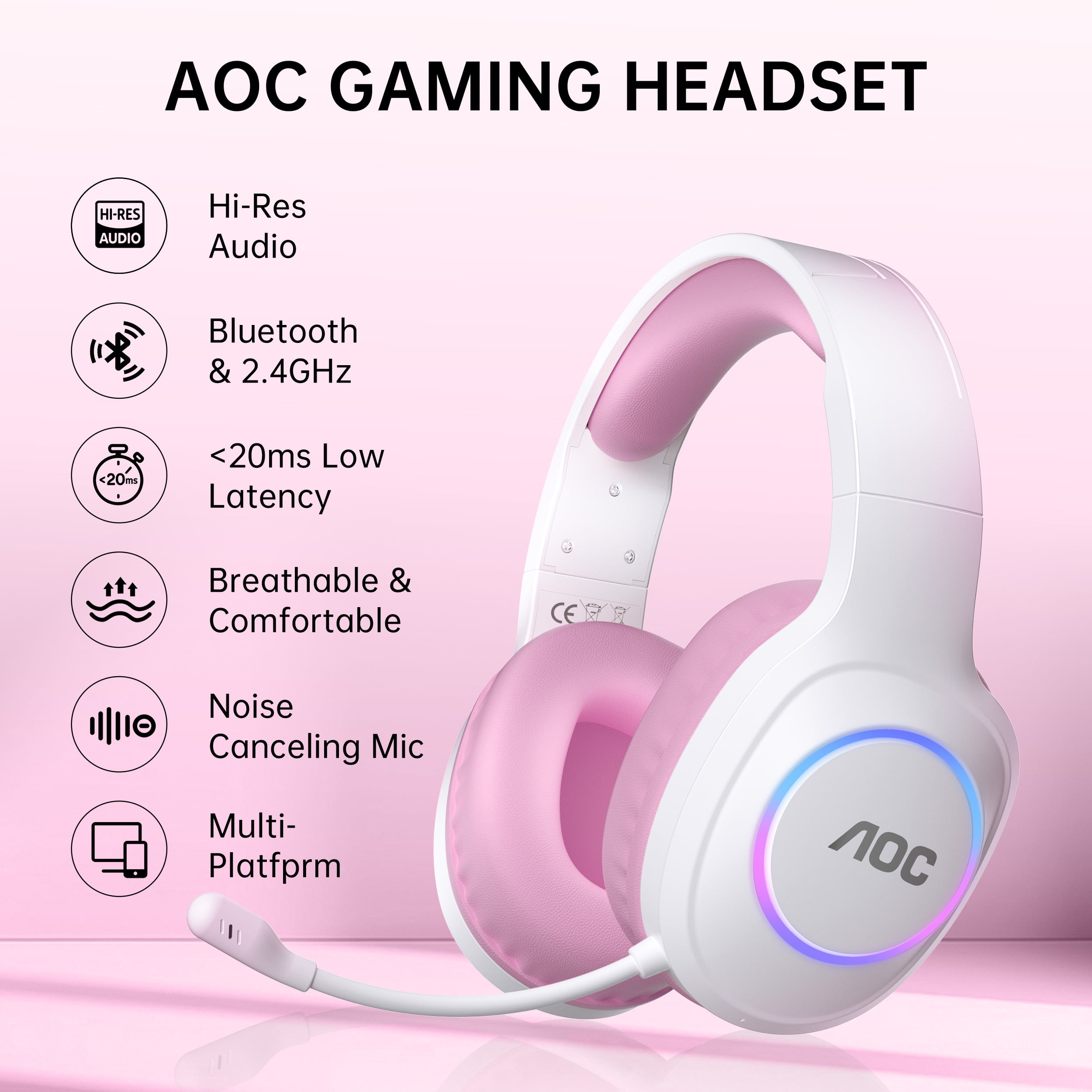 AOC Wireless Gaming Headset 2.4GHz for PS5/PS4/PC/Switch/Xbox - Bluetooth 5.3 Headphones with 7.1 Surround Sound, RGB Lights, Pink