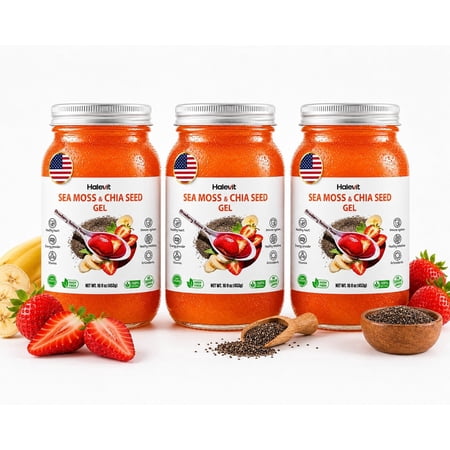 Halevit Wildcrafted Irish Sea Moss Gel | Sea Moss, Chia Seeds, Strawberry, Banana | 48 Oz| Made in USA | 3-Pack