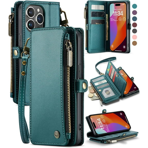 for iPhone 15 Pro Max Phone Case,【RFID Blocking】 for iPhone 15 Pro Max Wallet Case for Women Men with Card Holder Zipper PU Leather Protective Cover for iPhone 15 Pro Max Case, Blue Green