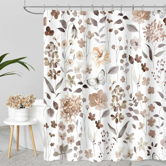 Coral Floral Shower Curtain, Watercolor Flower Fabric Shower Curtain for Bathroom, Cute Wildflower Butterfly Cloth Shower Curtain Set with Hooks, 72x72