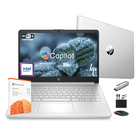 HP 14" Performance Laptop for Business and Student, 1 Year MS Office 365, Quad-Core Intel CPU (Up to 3.6GHz), 16GB RAM, 628GB Storage (128GB UFS+500GB Ext), Win 11, MarxsolBundle, Wi-Fi 6, Silver