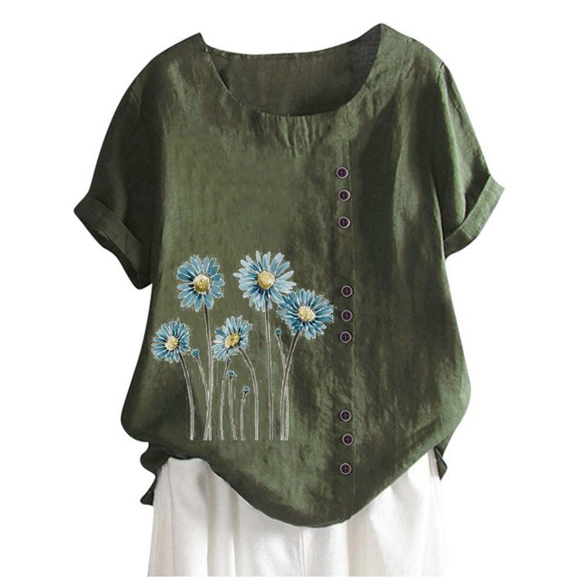 Blouses pour Femmes, T-Shirt d'Été à Col Rond Manches Courtes Mode Décontractée Imprimé Bouton