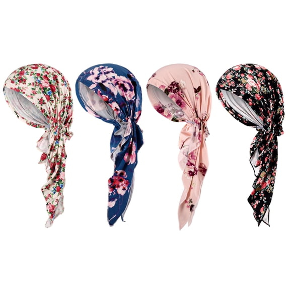 Bocaoying 4-Pack Chemo Headwear for Women, Pre Tied Cancer Caps Stretch Hat Turban Sleep Headwraps for Patient Hair Loss