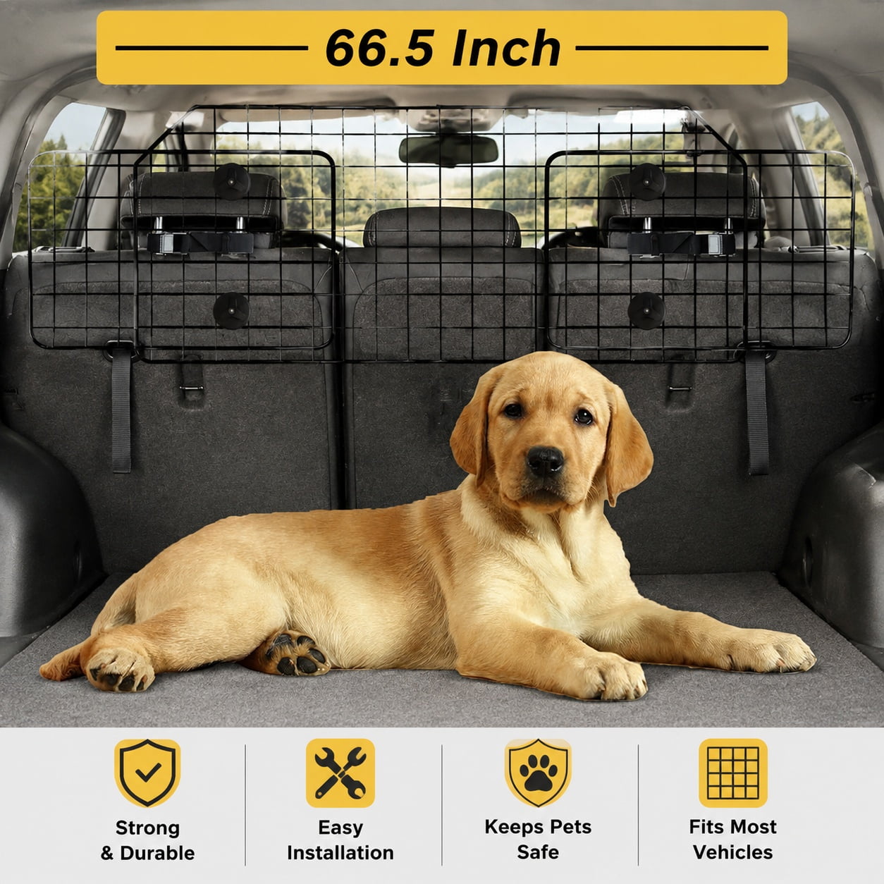 Adjustable Dog Car Barrier for SUVs, Vans & Trucks, Large Heavy-Duty Wire Mesh Pet Divider Gate, Universal Fit Guard, 66.5 Inches