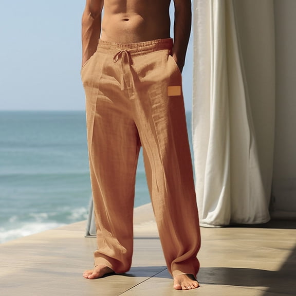 Yaoyar Men's Linen Casual Trousers Solid Color Straight Leg Outdoor Business Style with Leather Label Detail Long Pants,S,Yellow