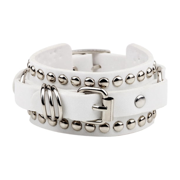 Pulsera de cuero de PU, regalo genial, brazalete ajustable con remaches punk, cinturón de muñeca, cadena Blanco