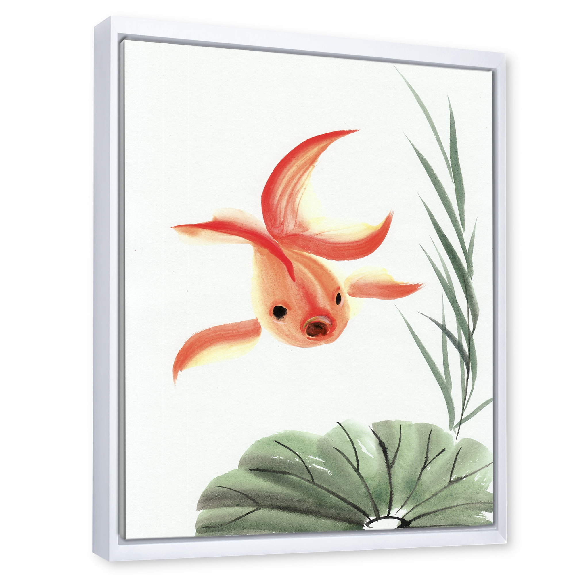 Ancient Goldfish and The Lotus Leaf 30 in x 40 in Framed Painting Canvas Art Print, by Designart