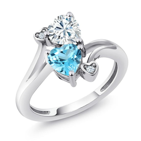 Gem Stone King 925 Sterling Silver White Moissanite Swiss Blue Topaz Ring for Women (1.78 Cttw, Heart Shape 6MM, Gemstone Birthstone, Size 8)