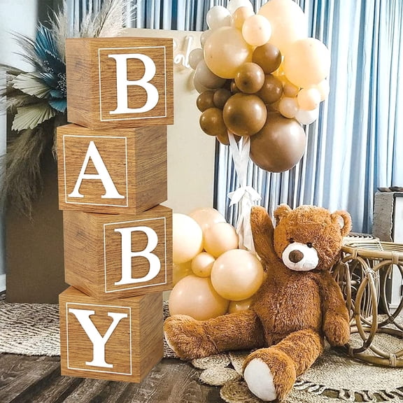 Osmanthus Baby Shower Boxes Birthday Party Decorations - 4 Wood Grain Brown Stereoscopic Blocks with BABY Letter,1st Birthday Balloon Boxes,Teddy Bear Boys Girls Baby Shower Supplies