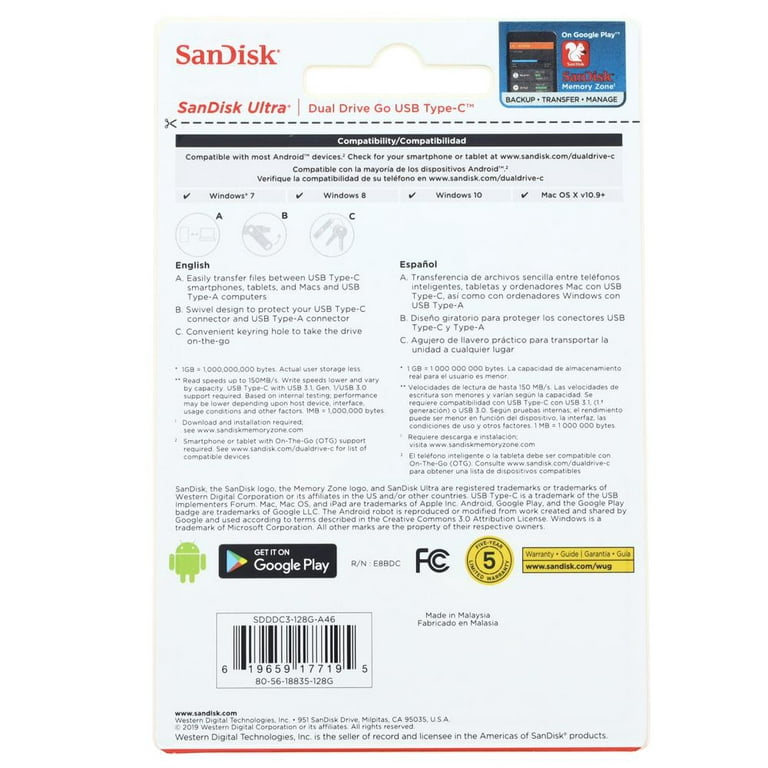  SanDisk 128GB Ultra Dual Drive USB Type-C - USB-C, USB 3.1 -  SDDDC2-128G-G46, Gray : Electronics