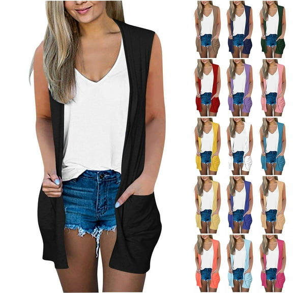 Otntypg Summer Cardigans for Women Lightweight Casual Soft Draped Shrugs Loose Fit Sleeveless Open Front Cardigan Vest with Side Pockets Green M