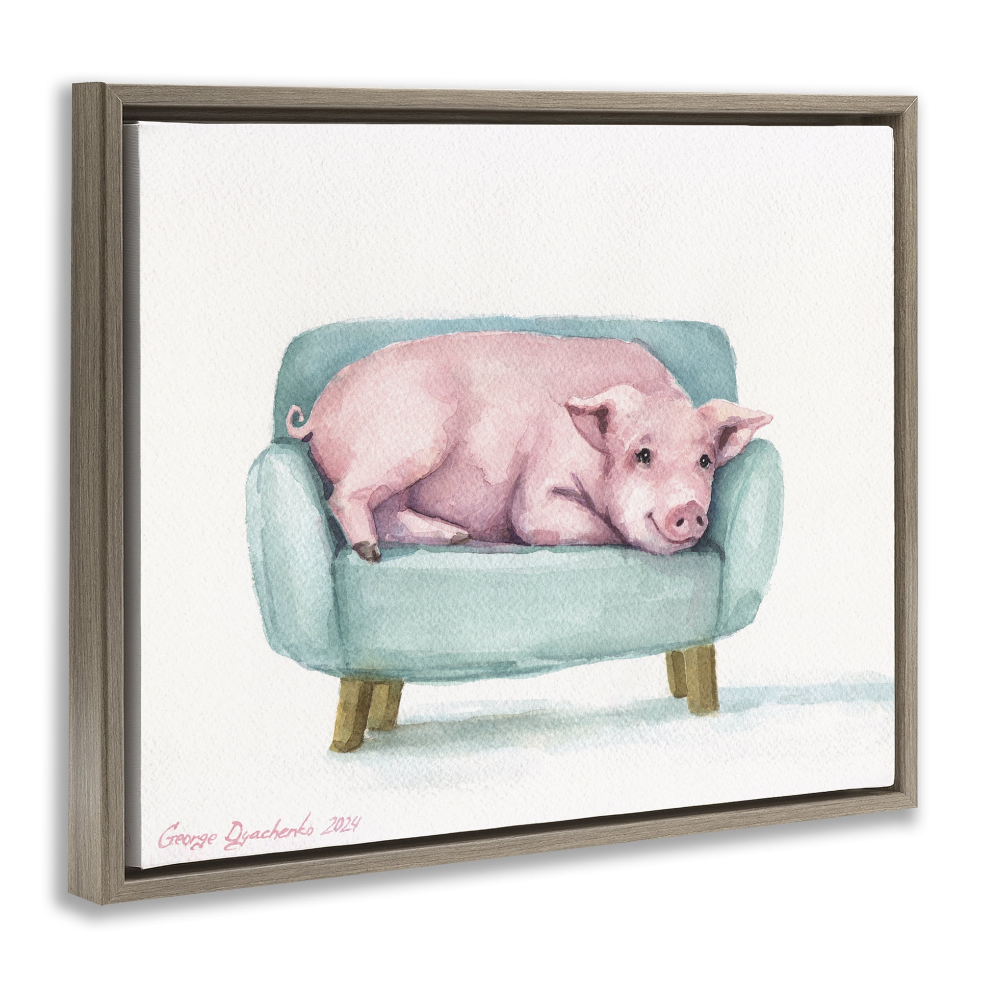 Stupell Industries Cute Piglet on Armchair Brown Framed Floater Canvas Wall Art, design by George Dyachenko