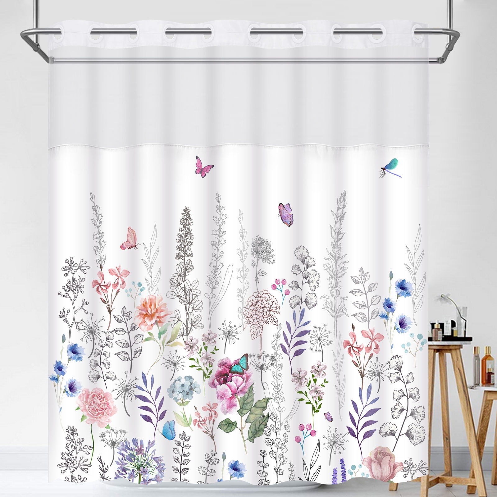 Ikfashoni Hookless Shower Curtain with Snap in Liner, White Boho Floral Waterproof Fabric Mesh Window Bath Curtain, 71"X74"