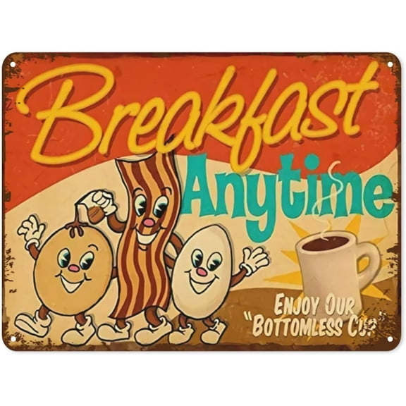 Tin Sign-"Breakfast Anytime" Vintage Tin Sign, Wall Decor for Kitchen & Cafe, 12x8 In
