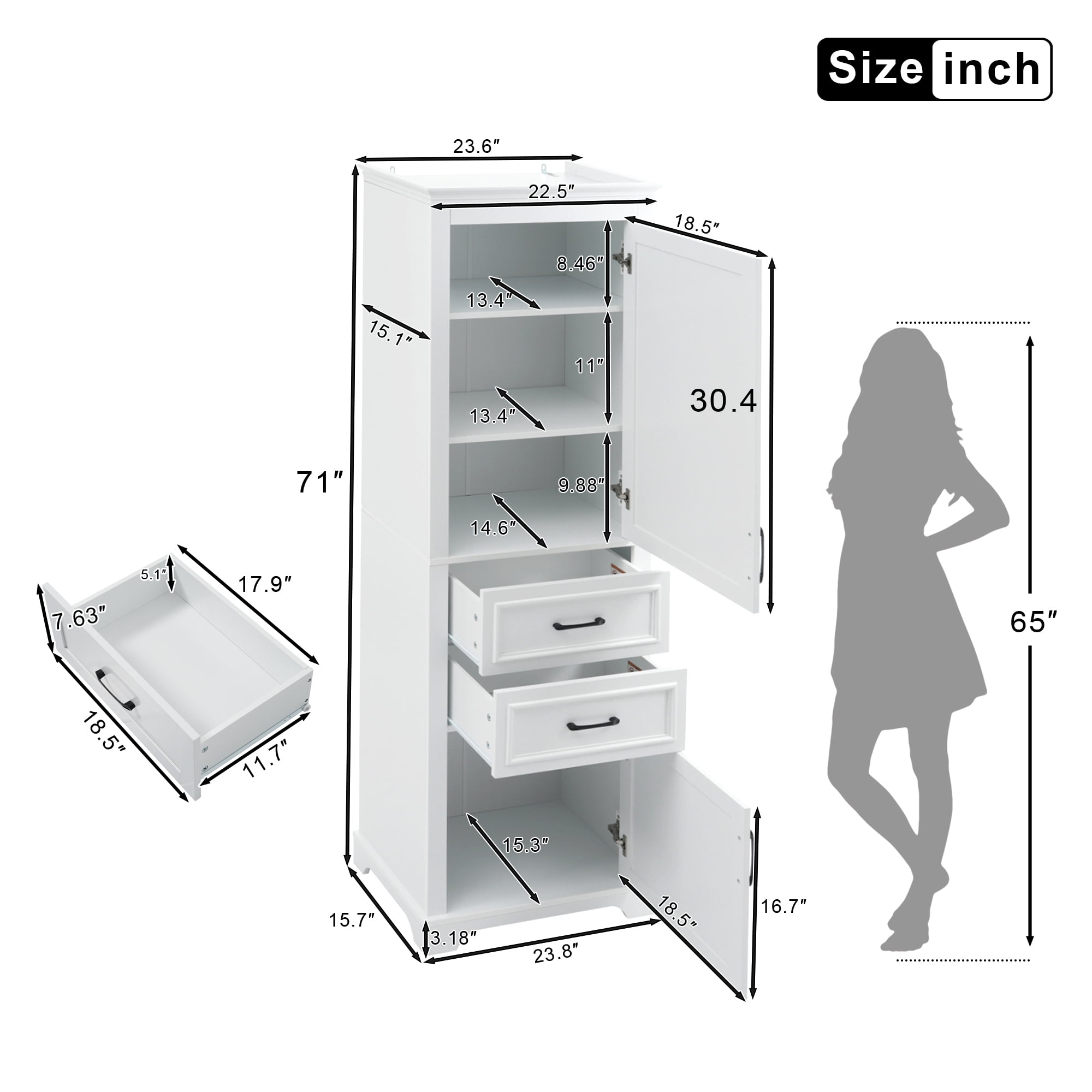 Leumius 71" Tall Freestanding Bathroom Vanity with Damping-Hinge Doors, 2 Drawers, Adjustable Shelf, Anti-Tip Design, Modern Charcoal White Finish