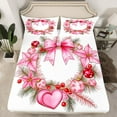 thumbnail image 2 of jejeloiu Bowtie Christmas Wreath Twin Sheet Sets,Pink Heart Print Twin Fitted Sheet,Red Berry Pink Leaf Flat Sheet For Princess,Ultra Soft Home Decor,3 Pieces, 2 of 7